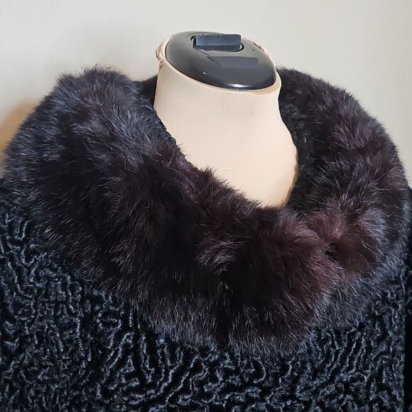 True Vintage Persian Lamb Wool Black Short Coat W Real Fur Collar 1950s 1960s - Picture 3 of 14
